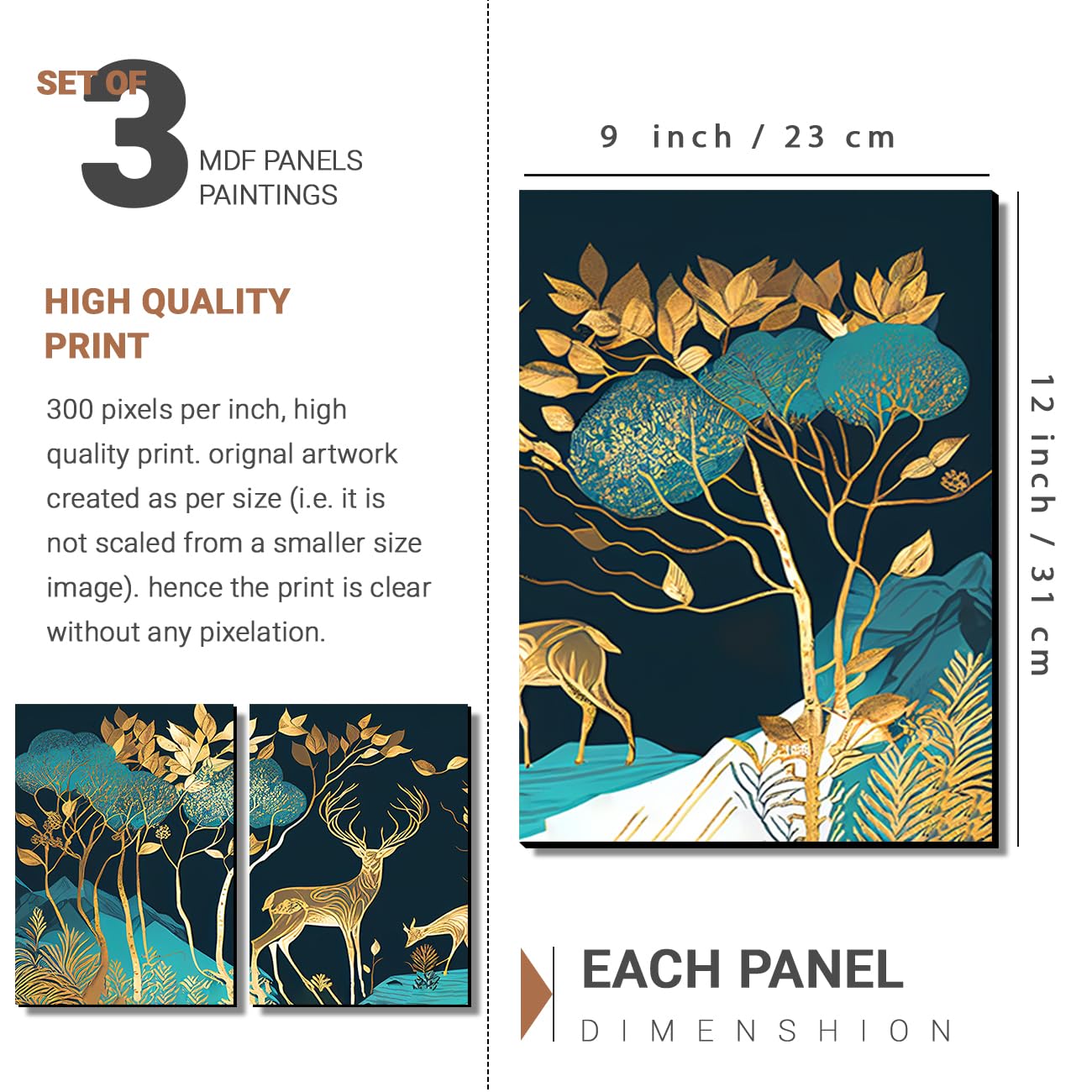 Kotart Green And Golden Deer Paintings Wall Art Mdf Panel Painting For Wall Decoration - Wall Paintings For Living Room, Bedroom